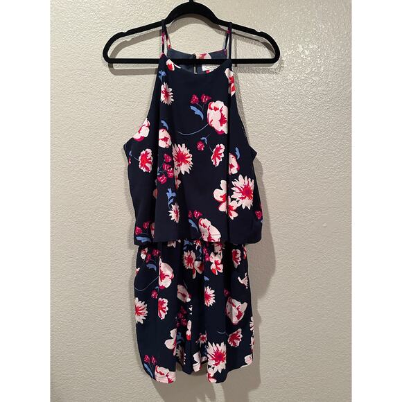 Mudpie Navy Floral Halter style top Illusion Separate Shorts Jumper L - Picture 1 of 7